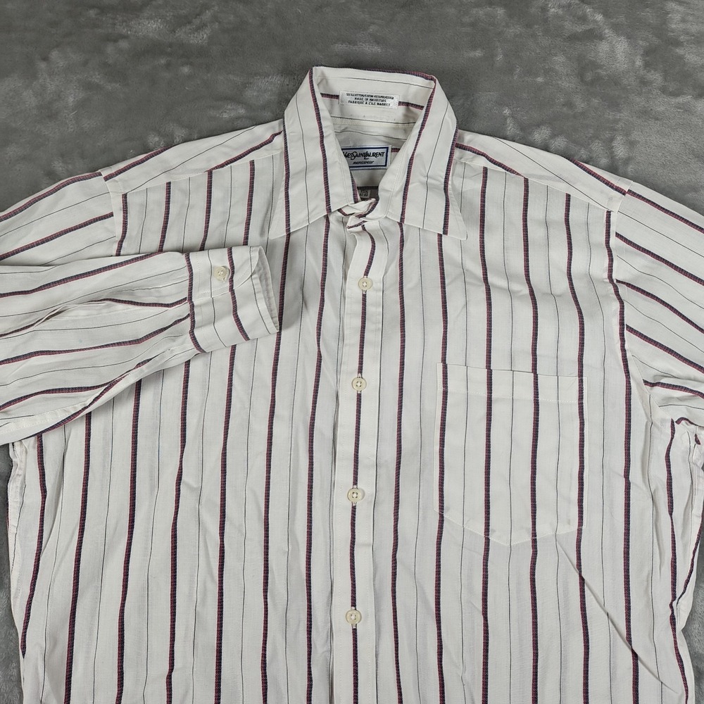 Vintage Yves Saint Laurent Shirt Mens Medium 15.5 Striped Dress Button Up YSL